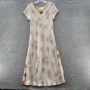 VTG 90s Express Dress Small Cream Floral Sheer Layered Side Slit Long Midi